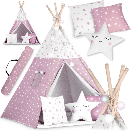 Palapinė Tipi Pink Stars su švieselėmis + 3 pagalvėlės