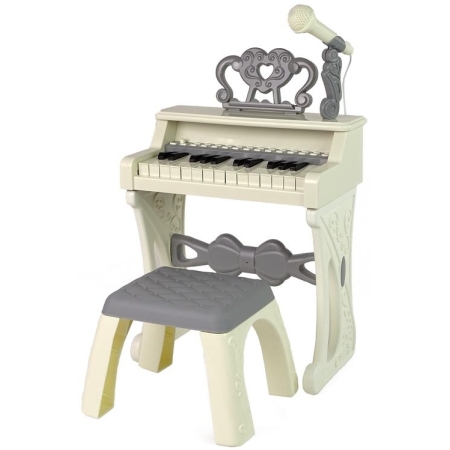 Vaikiškas pianinas su kėdute ir mikrofonu Retro White