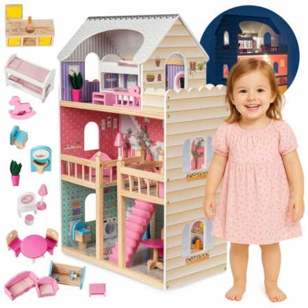 90 cm. Lėlių namas su LED apšvietimu ir baldais